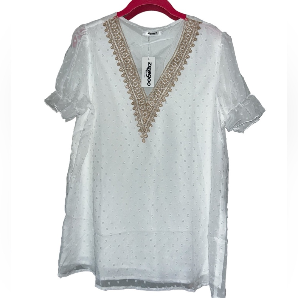 Zeagoo White and Tan Blouse NWT